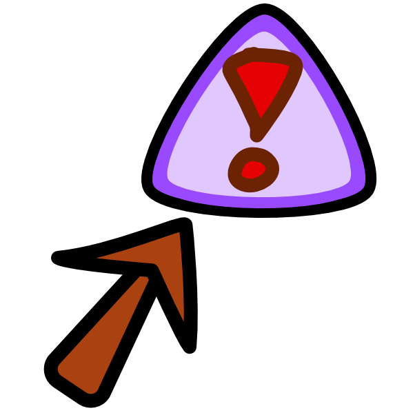 A purple triangular warning sign with a red exclamation point on it has a brown arrow pointing up at it diagonally. The image has dark line art